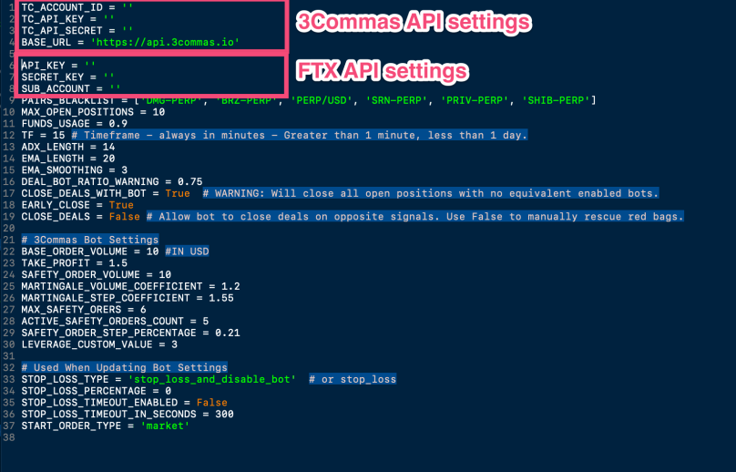 3commas and FTX API settings in config file